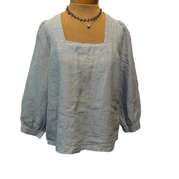 Linen top square neck bishop sleeve button cuff baby blue natural fibers - Picture 1 of 8